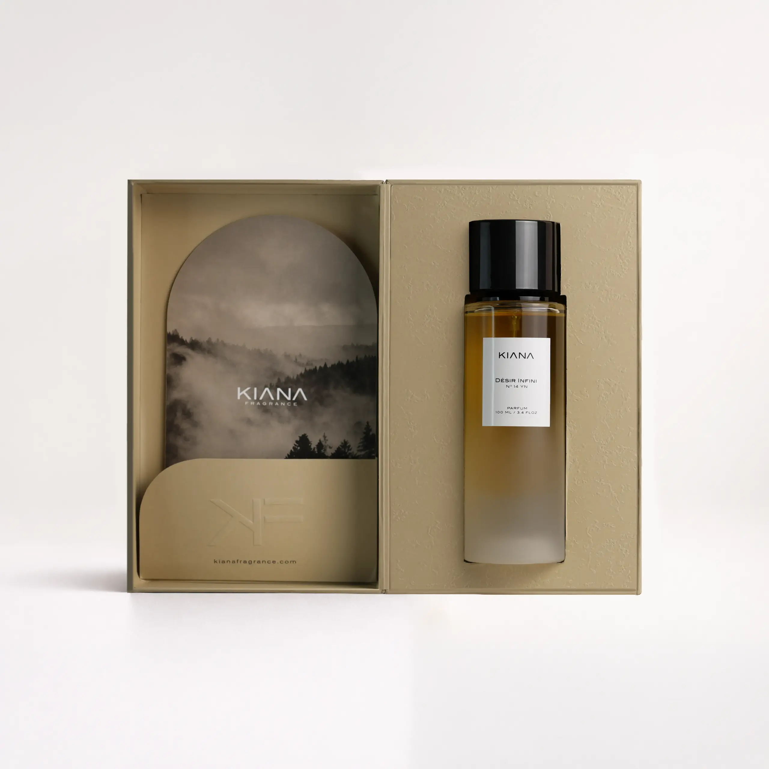 Kiana Désir Infini N°14 perfume in beige hard textured box with misty forest imagery and frosted bottle